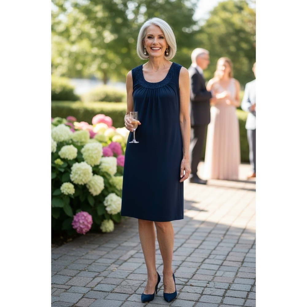 R&M Collection Navy Blue Sleeveless Smocked Glitter Neck Shift Dress Size 12‎